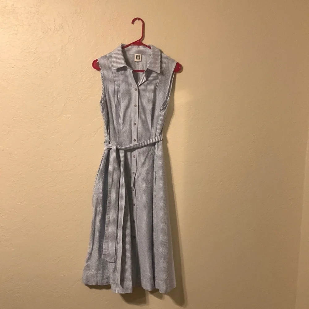 And Klein seersucker, blue and white striped dress. Worn twice. - Picture 1 of 3
